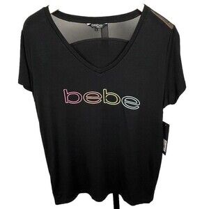 Bebe Sport Black T Shirt Large NWT‎ Rainbow Spellout Logo V-Neck Sheer Back Edgy